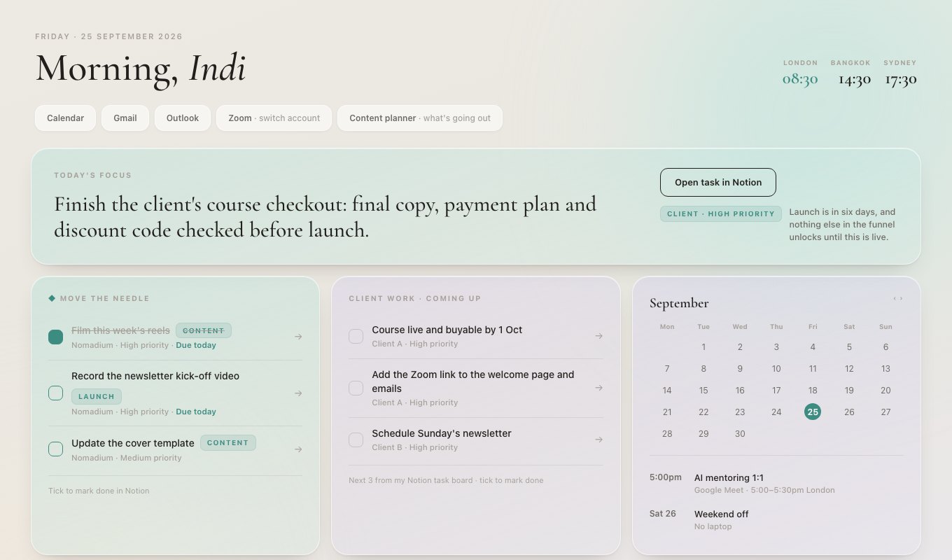 Clear Morning dashboard with today's focus, tasks, calendar, habits and inbox