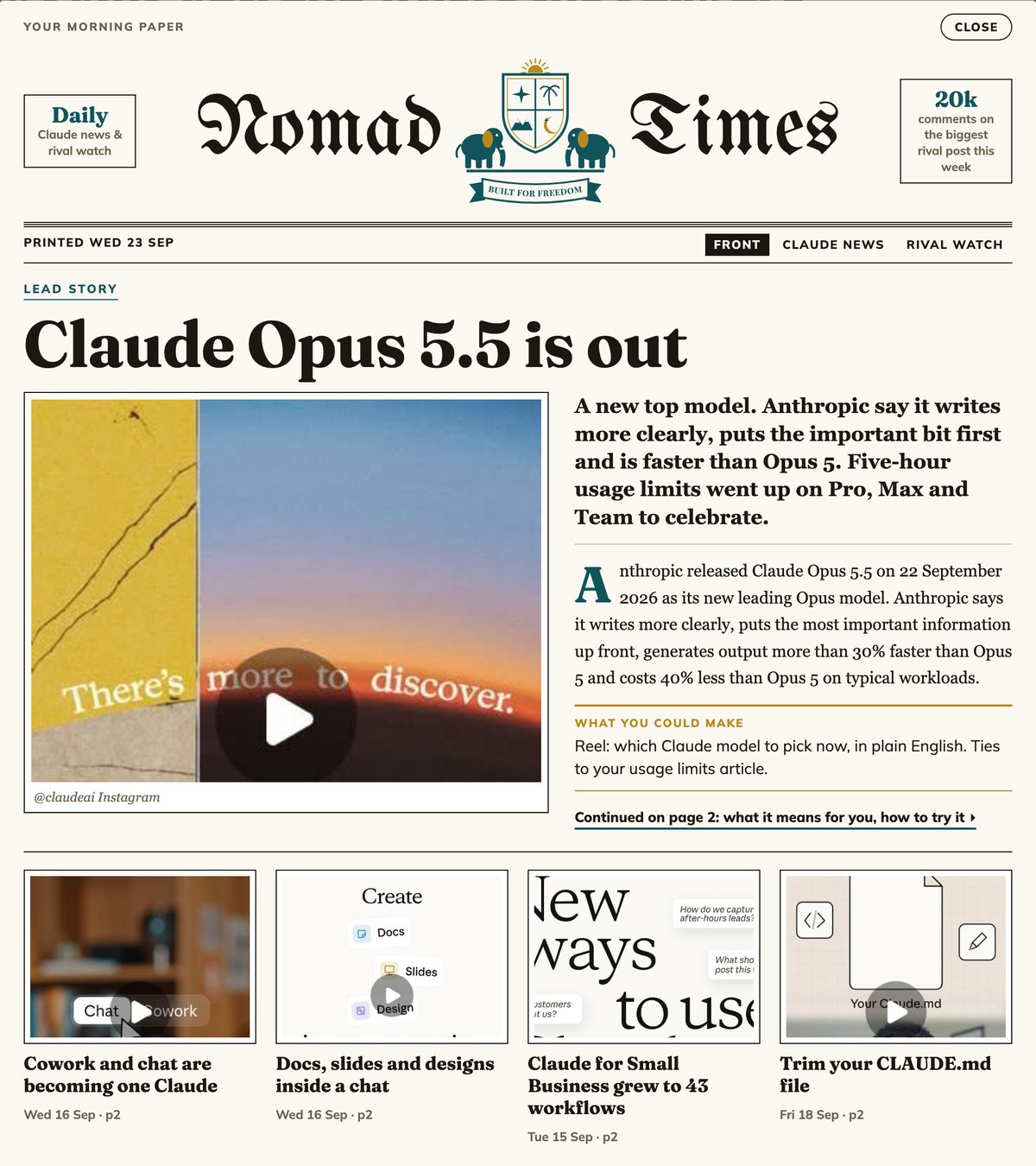 The Nomad Times front page with a lead story on Claude Opus 5.5 and four smaller stories