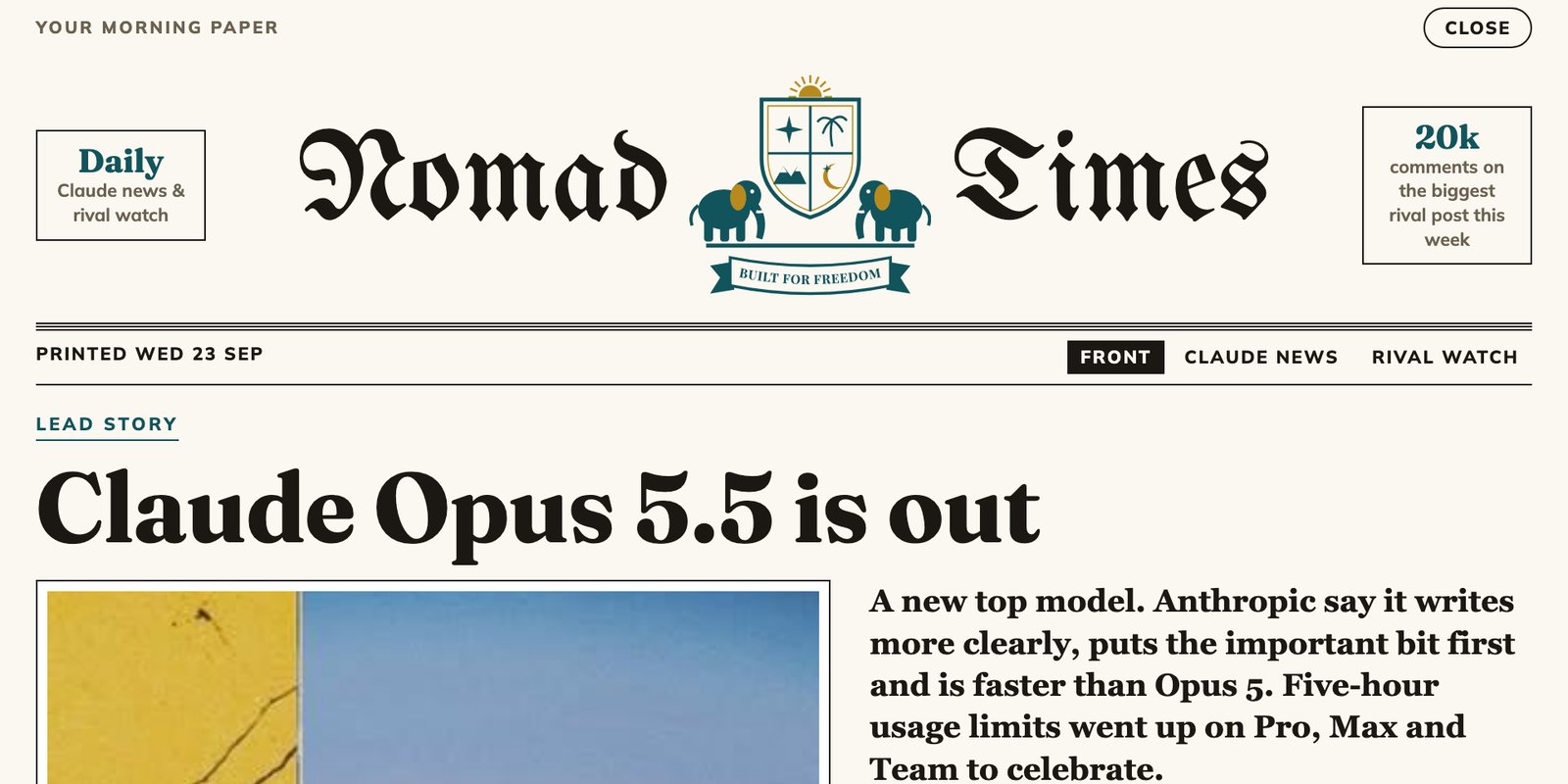 The Nomad Times masthead with its elephant crest and the lead story Claude Opus 5.5 is out