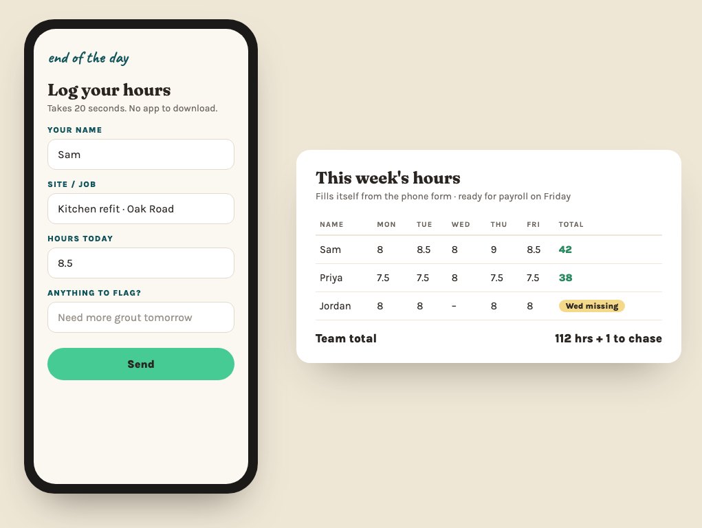 A phone form for logging hours next to a weekly hours table that flags a missing day